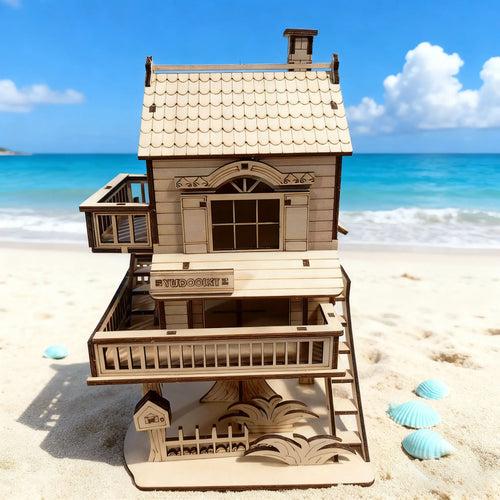 3D wooden house jigsaw puzzle model, DIY construction kit, creative treehouse building set, wooden interlocking blocks