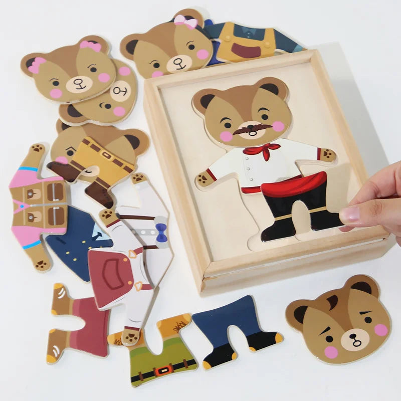 Wooden Toy Montessori Cartoon Animal Changing Clothes Jigsaw Bear Clothes Changing Shape Matching Puzzle Kids Educational Toys