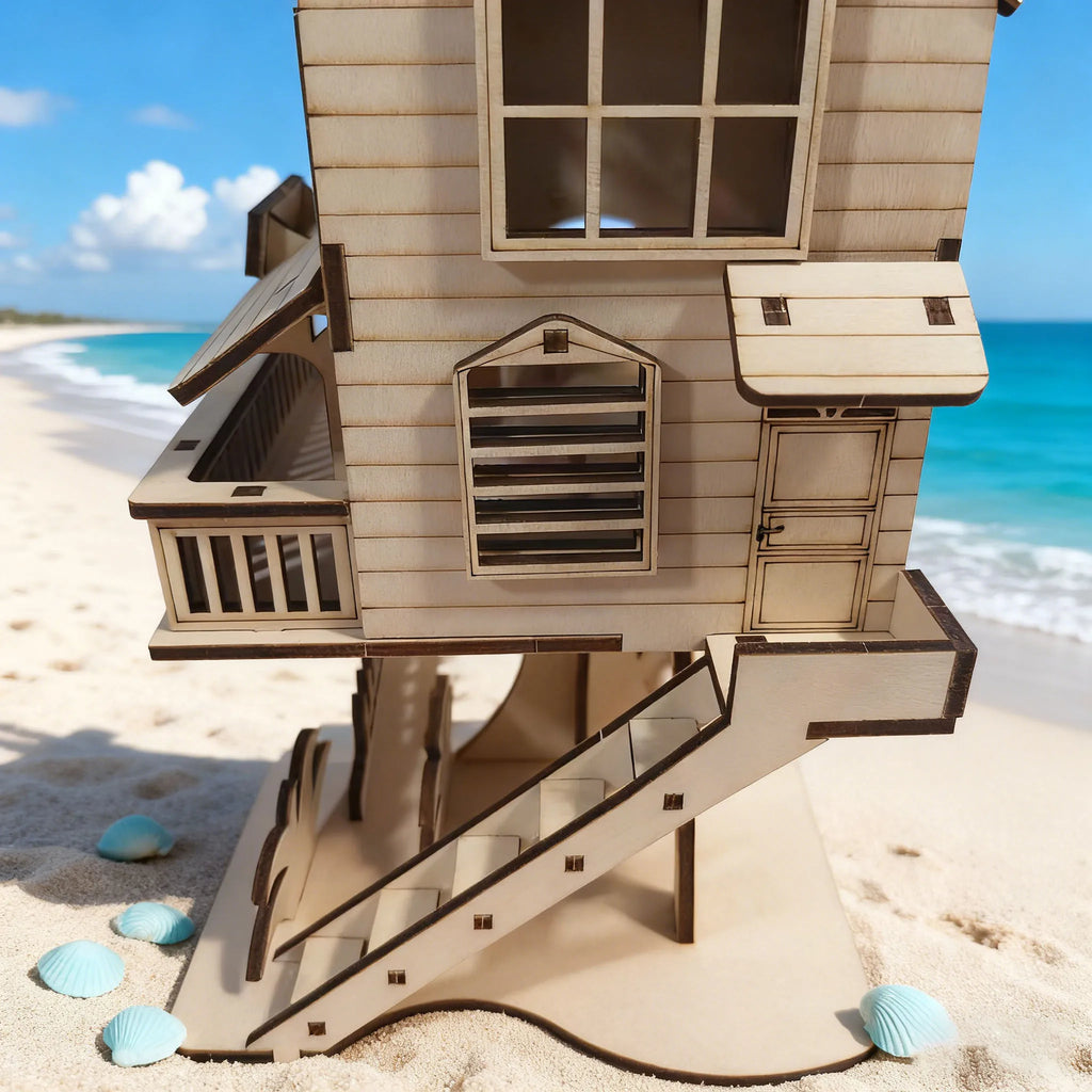 3D wooden house jigsaw puzzle model, DIY construction kit, creative treehouse building set, wooden interlocking blocks