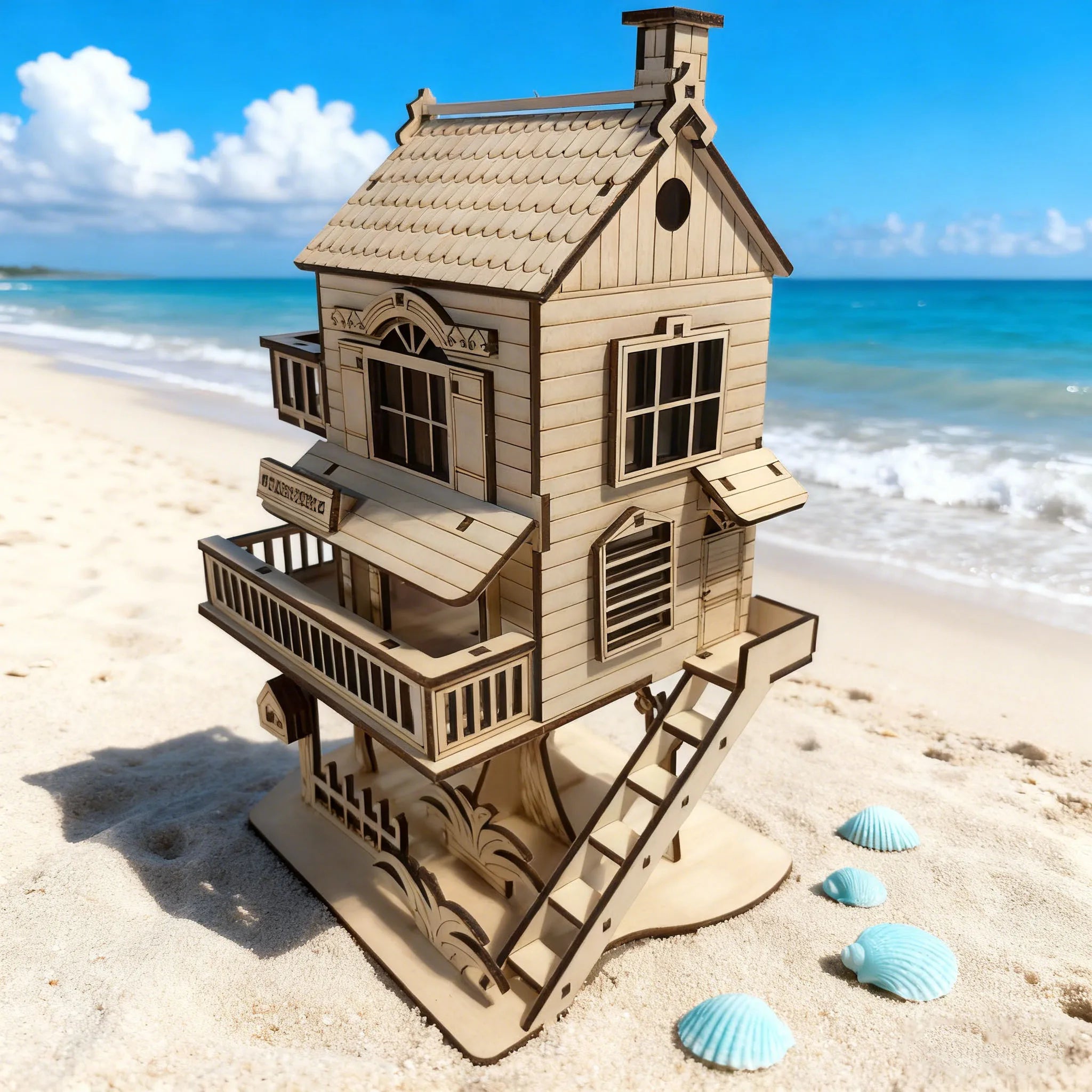 3D wooden house jigsaw puzzle model, DIY construction kit, creative treehouse building set, wooden interlocking blocks